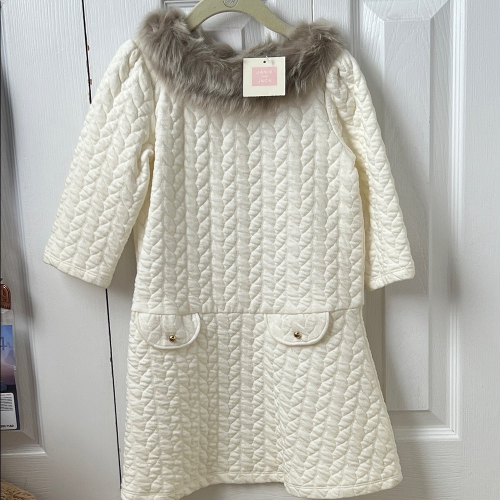 Janie and Jack Cream Quilted Puffer Coat with Faux Fur Trim